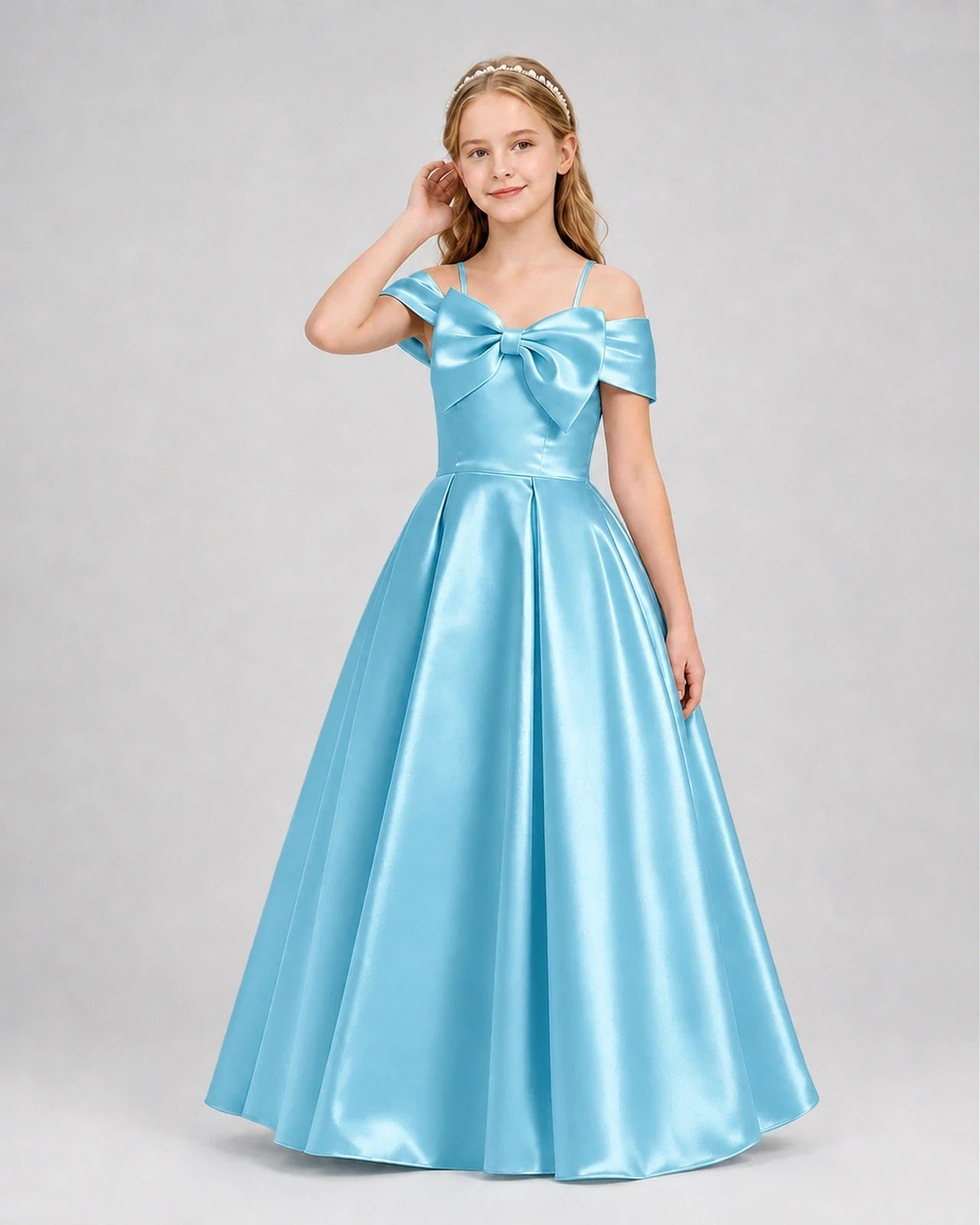 Sky blue satin cold-shoulder bow girls formal dress, front view