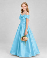 Sky Blue Satin Off-the-Shoulder Bow A-Line Girls Formal Dresses Side View