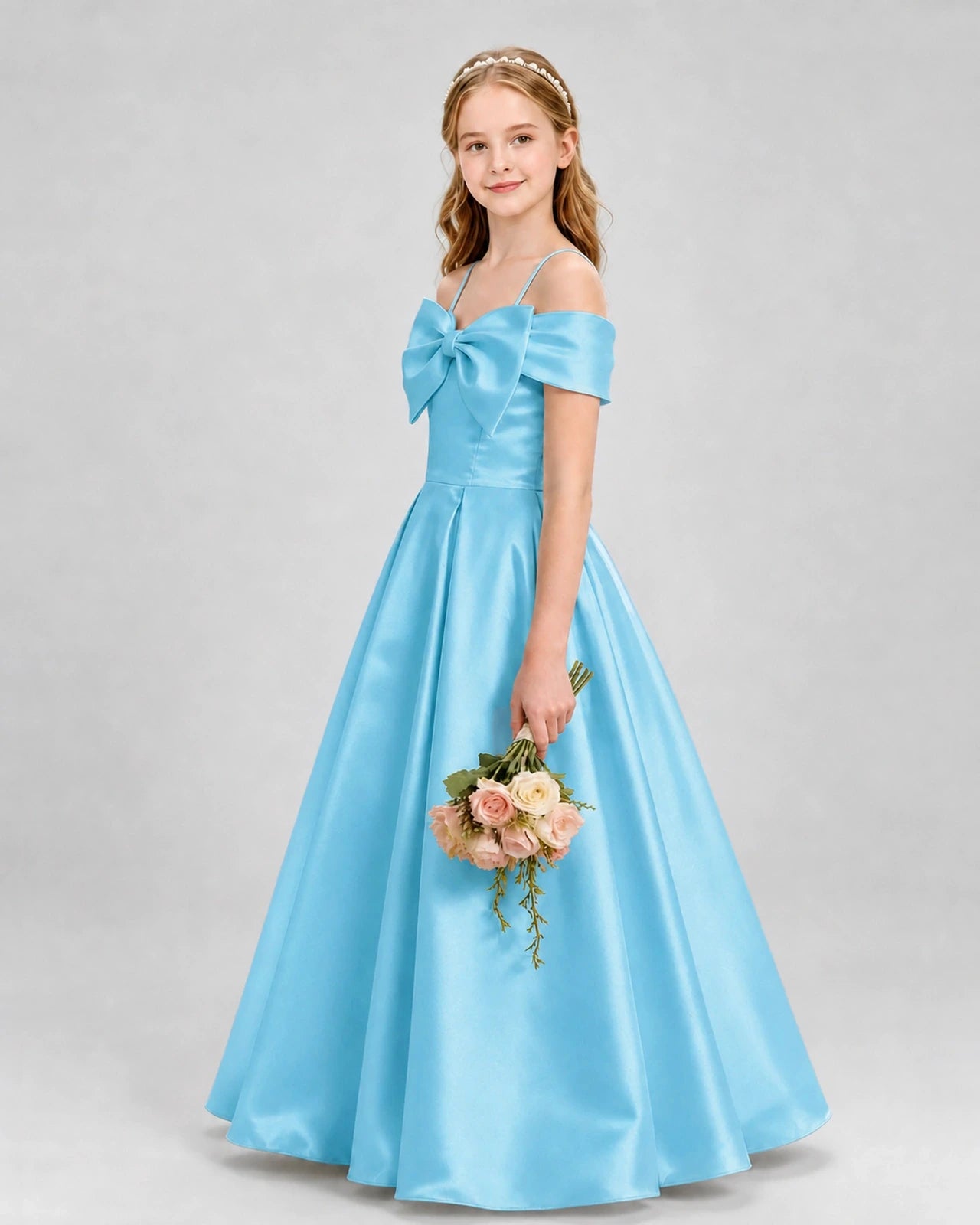 Sky Blue Satin Off-the-Shoulder Bow A-Line Girls Formal Dresses Side View