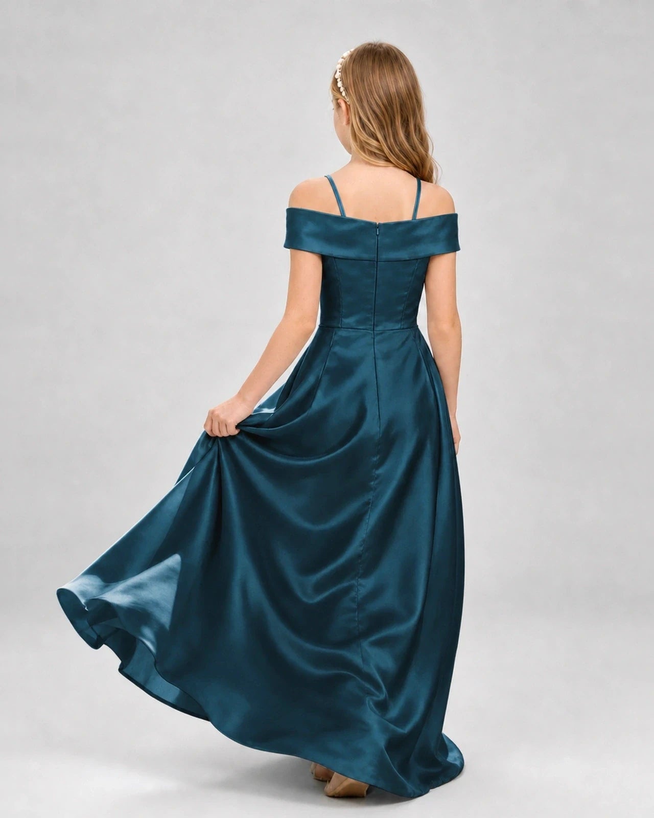 Teal Satin A-Line Girls Formal Dresses Back View