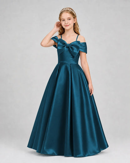 Teal Satin Off-the-Shoulder Bow A-Line Girls Formal Dresses Front View