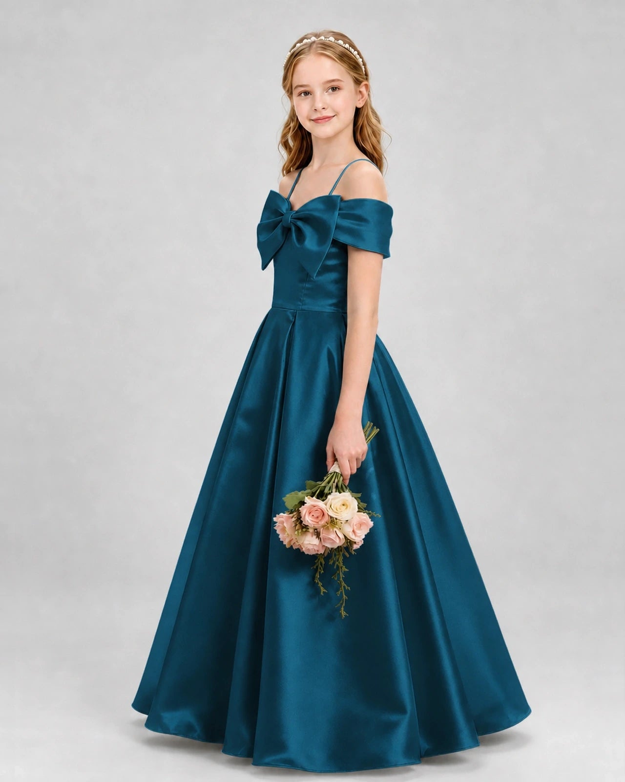 Teal Satin Off-the-Shoulder Bow A-Line Girls Formal Dresses Side View