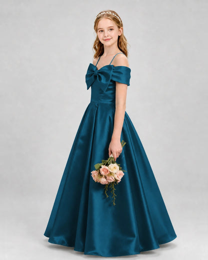 Teal Satin Off-the-Shoulder Bow A-Line Girls Formal Dresses Side View