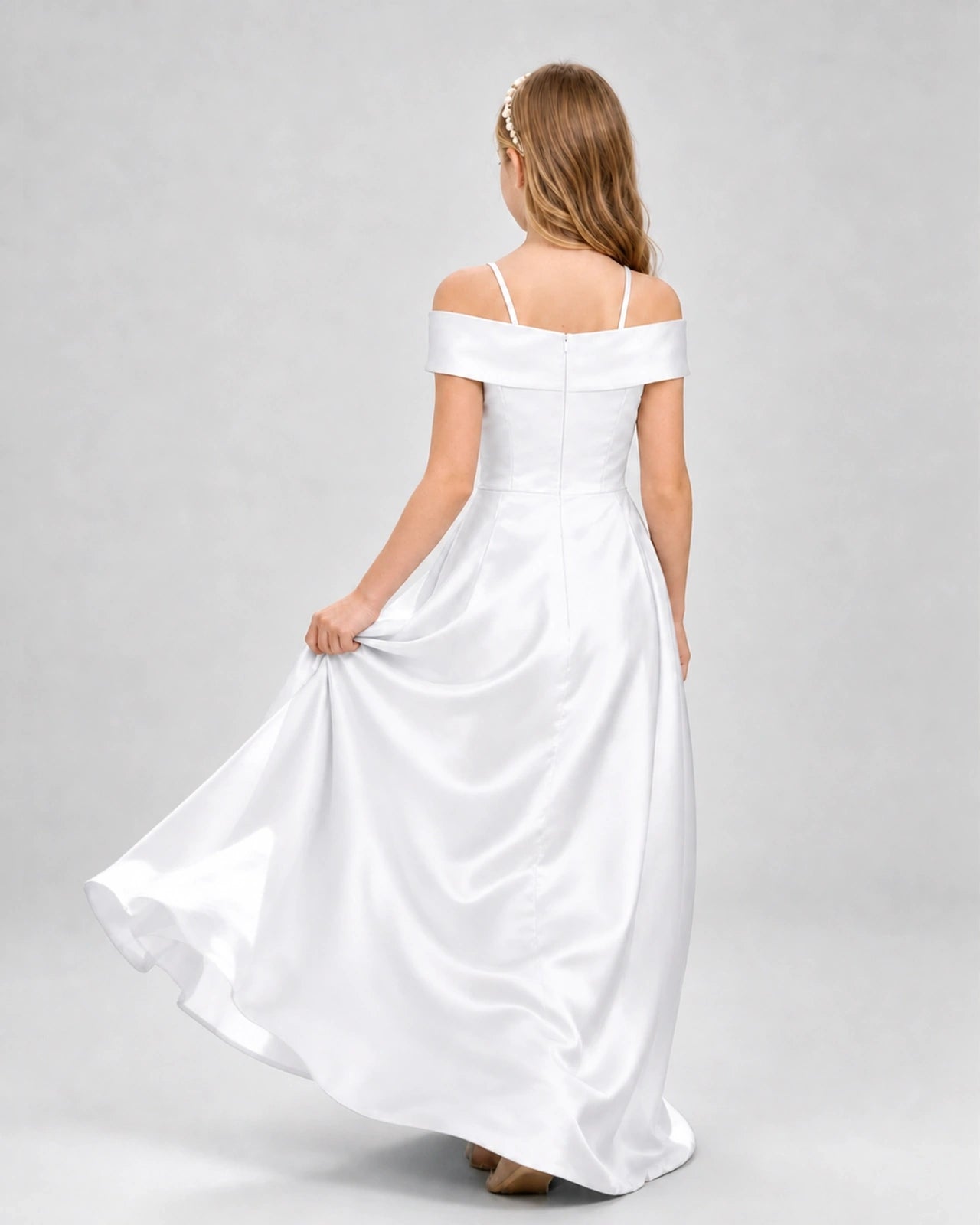 White Satin Off-the-Shoulder Girls Formal Dresses Back View