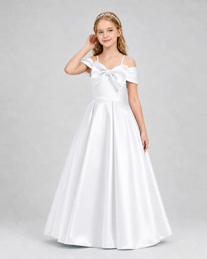 White Satin Bow A-Line Girls Formal Dresses Front View