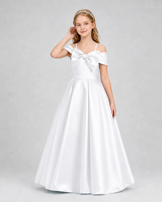 White Satin Bow A-Line Girls Formal Dresses Front View