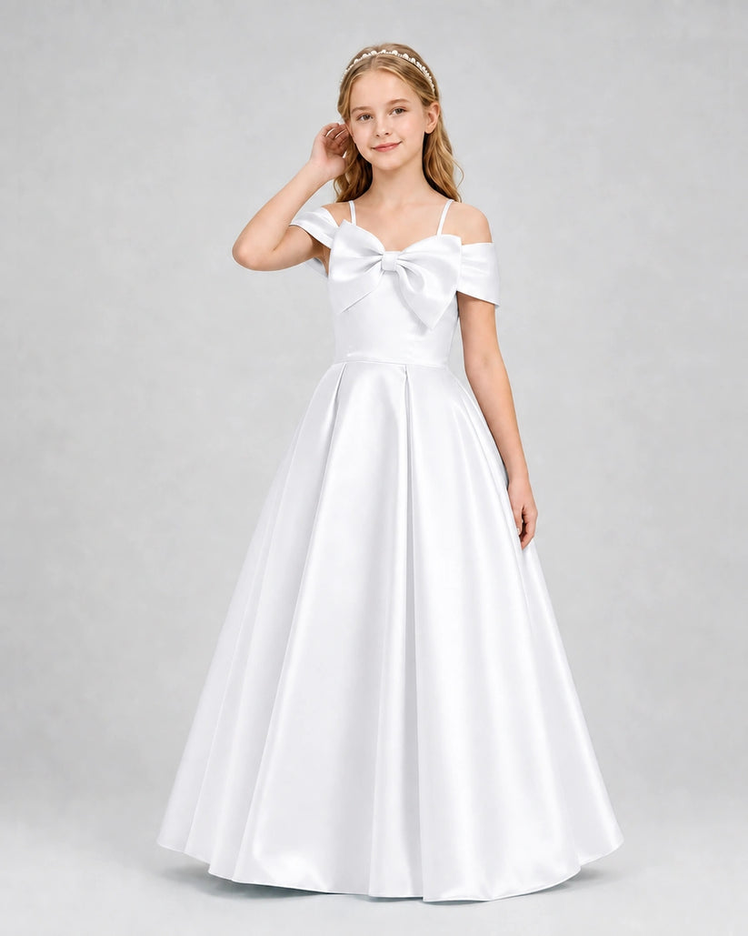 White Satin Bow A-Line Girls Formal Dresses Front View
