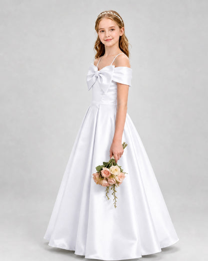 White Satin Bow Cold Shoulder Girls Formal Dresses Side View