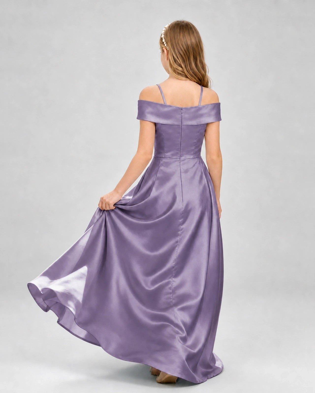 Wisteria Satin Off-the-Shoulder Girls Formal Dresses Back View