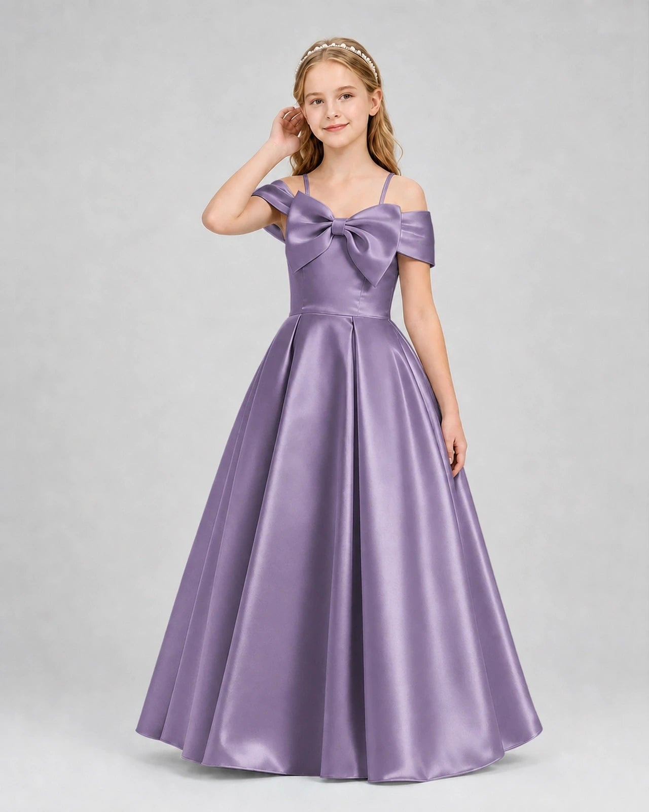 Wisteria Satin Off Shoulder Girls Formal Dresses Front View