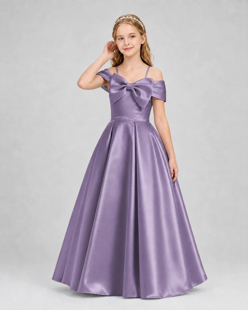 Wisteria Satin Off Shoulder Girls Formal Dresses Front View