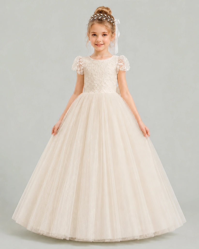 Champagne Tulle A-line Flower Girl Dress Front View