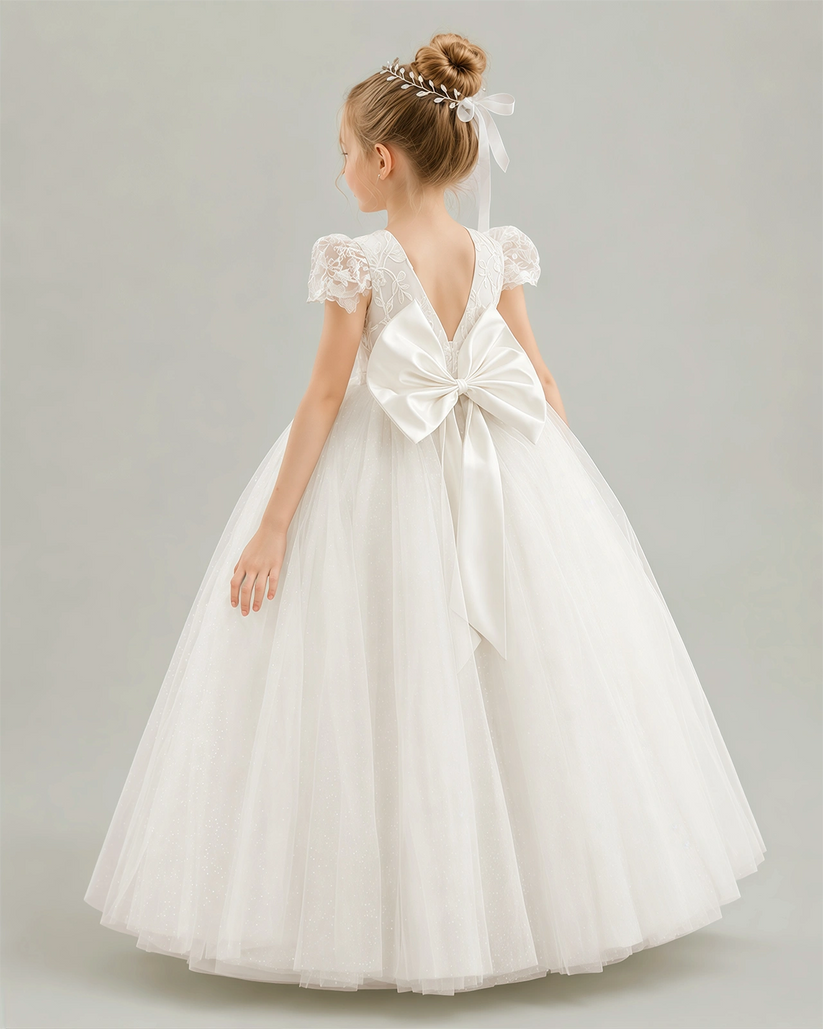 Ivory Tulle Ball Gown Flower Girl Dress Back View