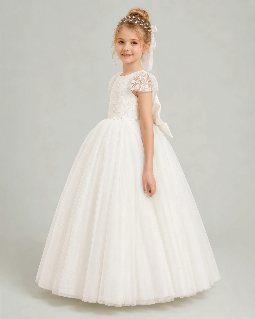 Ivory Tulle Ball Gown Flower Girl Dress Side View