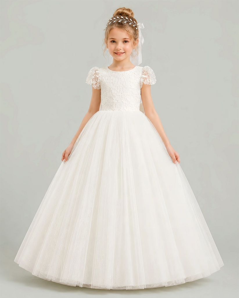 Ivory Lace A-line Flower Girl Dress Front View