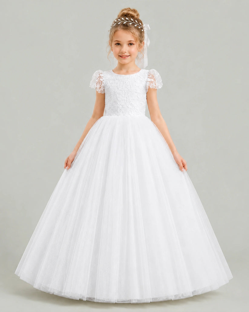 White Lace A-line Flower Girl Dress Front View