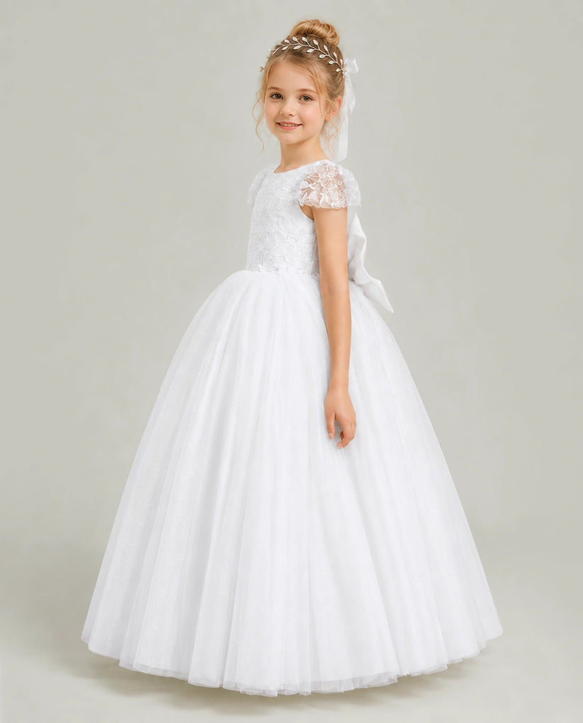 White Tulle Ball Gown Flower Girl Dress Side View