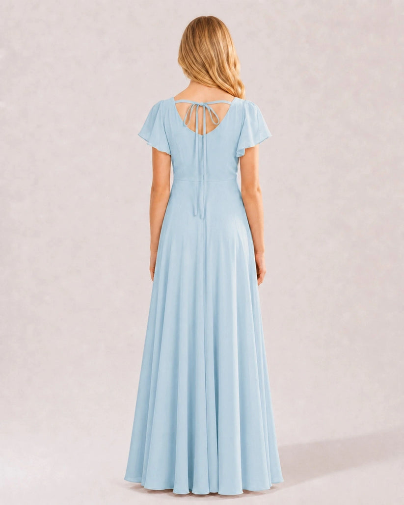 Baby Blue Chiffon A-line Junior Bridesmaid Dress Back View