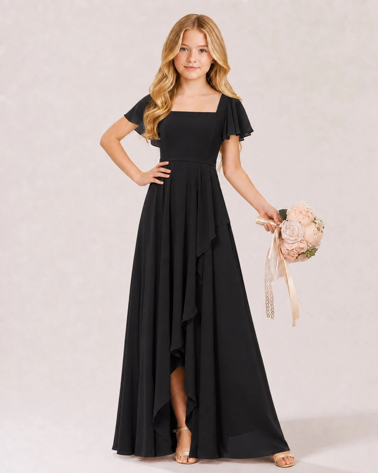 Black Chiffon A-line Junior Bridesmaid Dress Front View