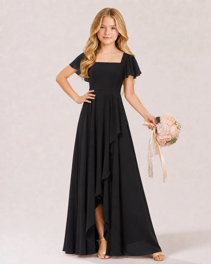 Black Chiffon A-line Junior Bridesmaid Dress Front View