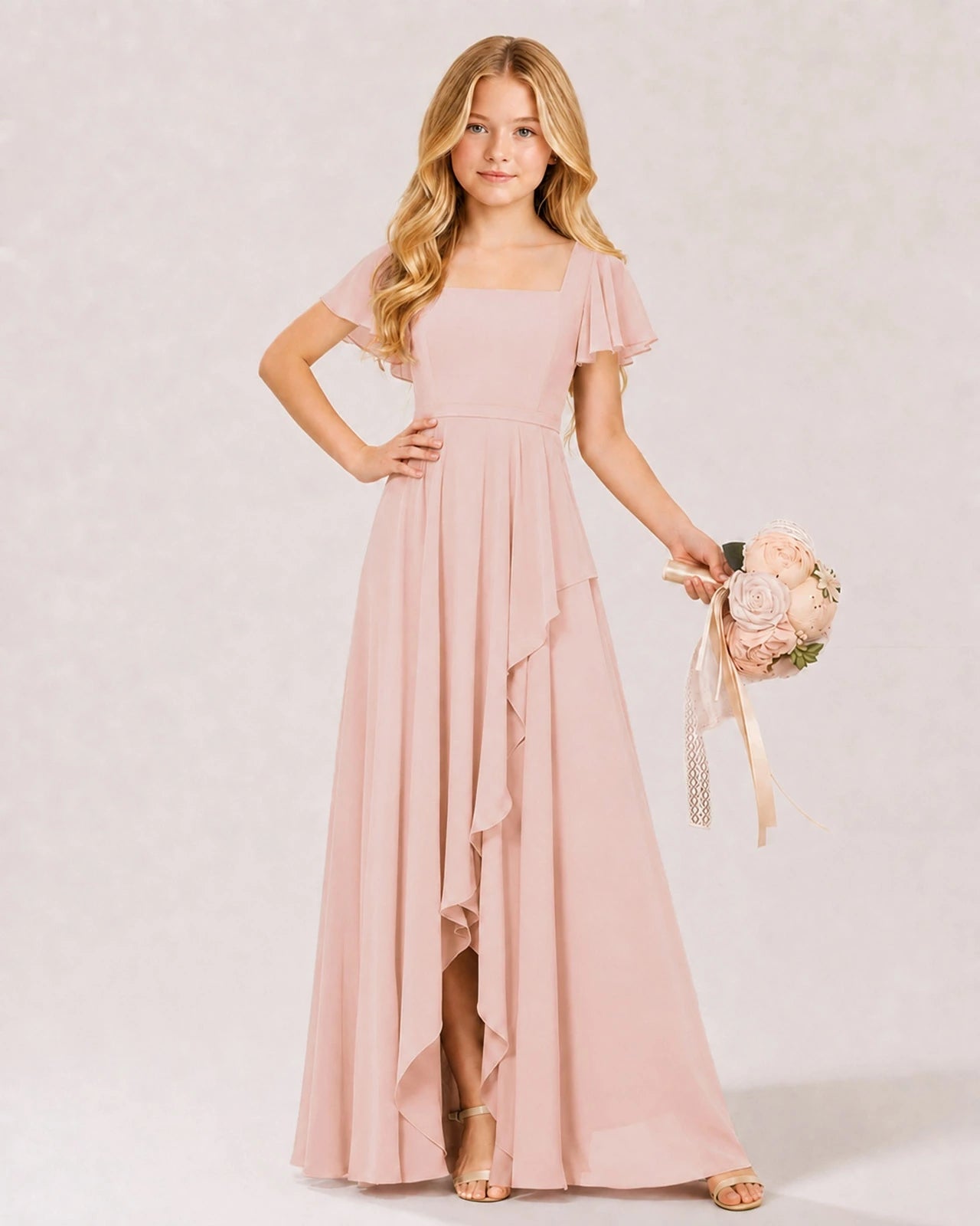Blush Pink Chiffon A-line Junior Bridesmaid Dress Front View