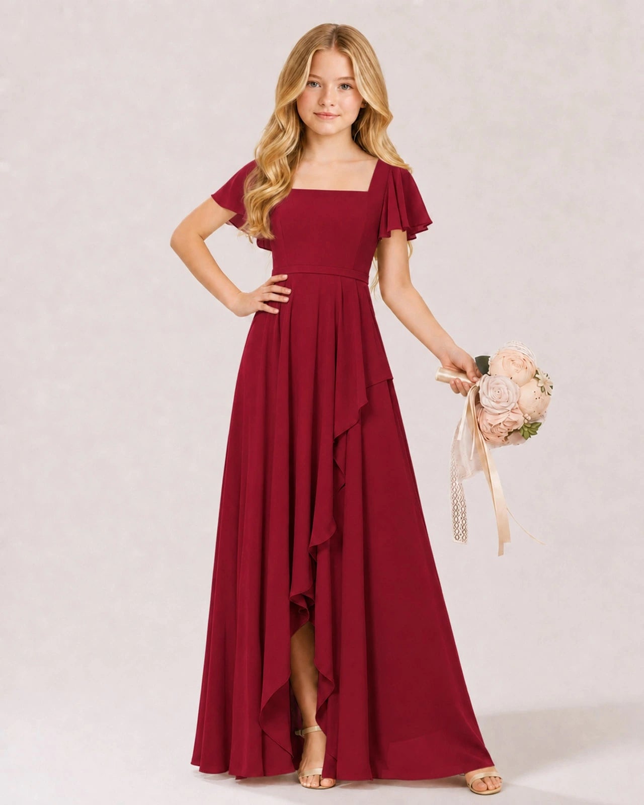 Dideyttawl Chiffon Junior Bridesmaid Dress with Flutter Sleeves