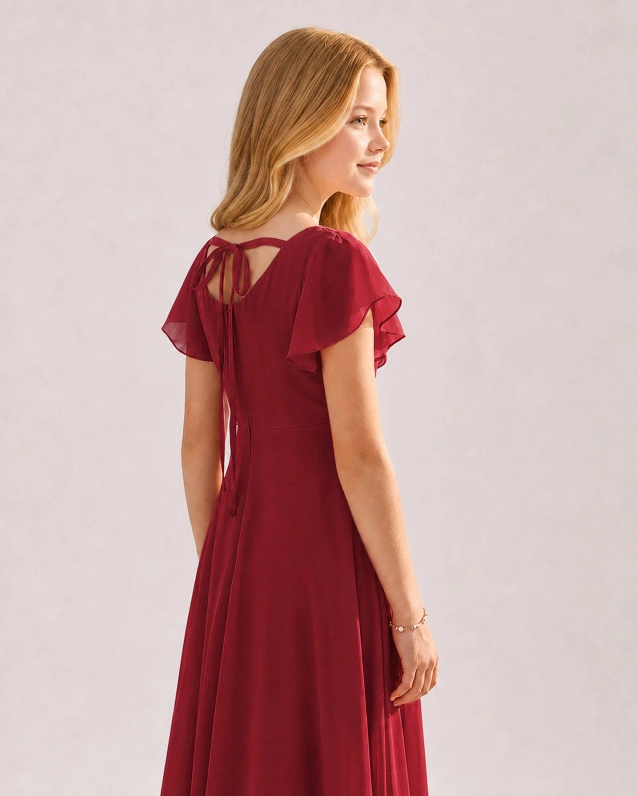Burgundy Chiffon A-line Junior Bridesmaid Dress Side View