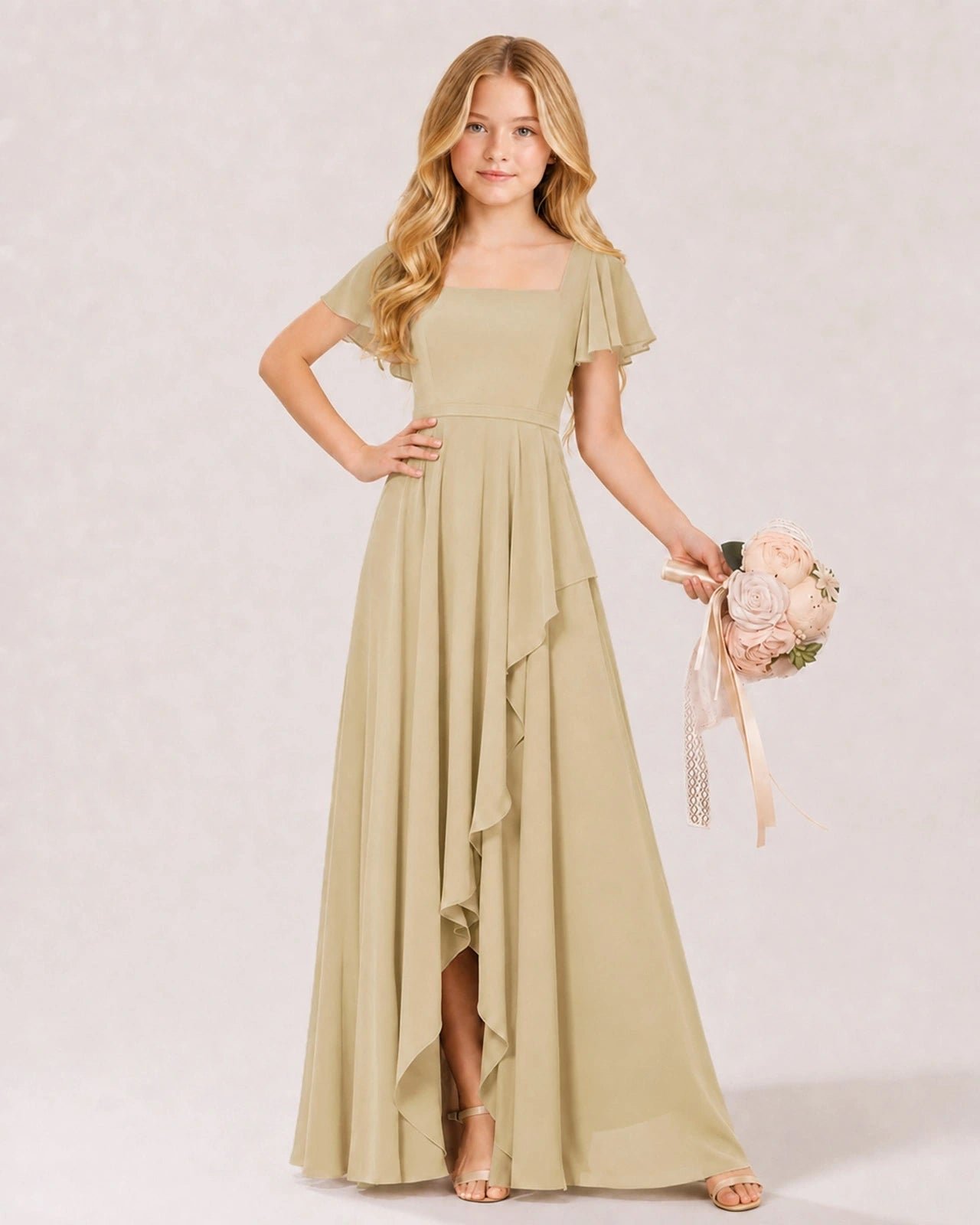 Champagne Chiffon A-line Junior Bridesmaid Dress Front View
