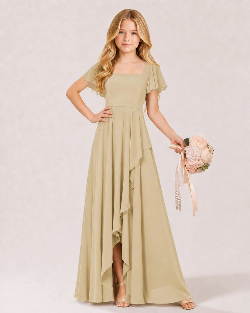 Champagne Chiffon A-line Junior Bridesmaid Dress Front View