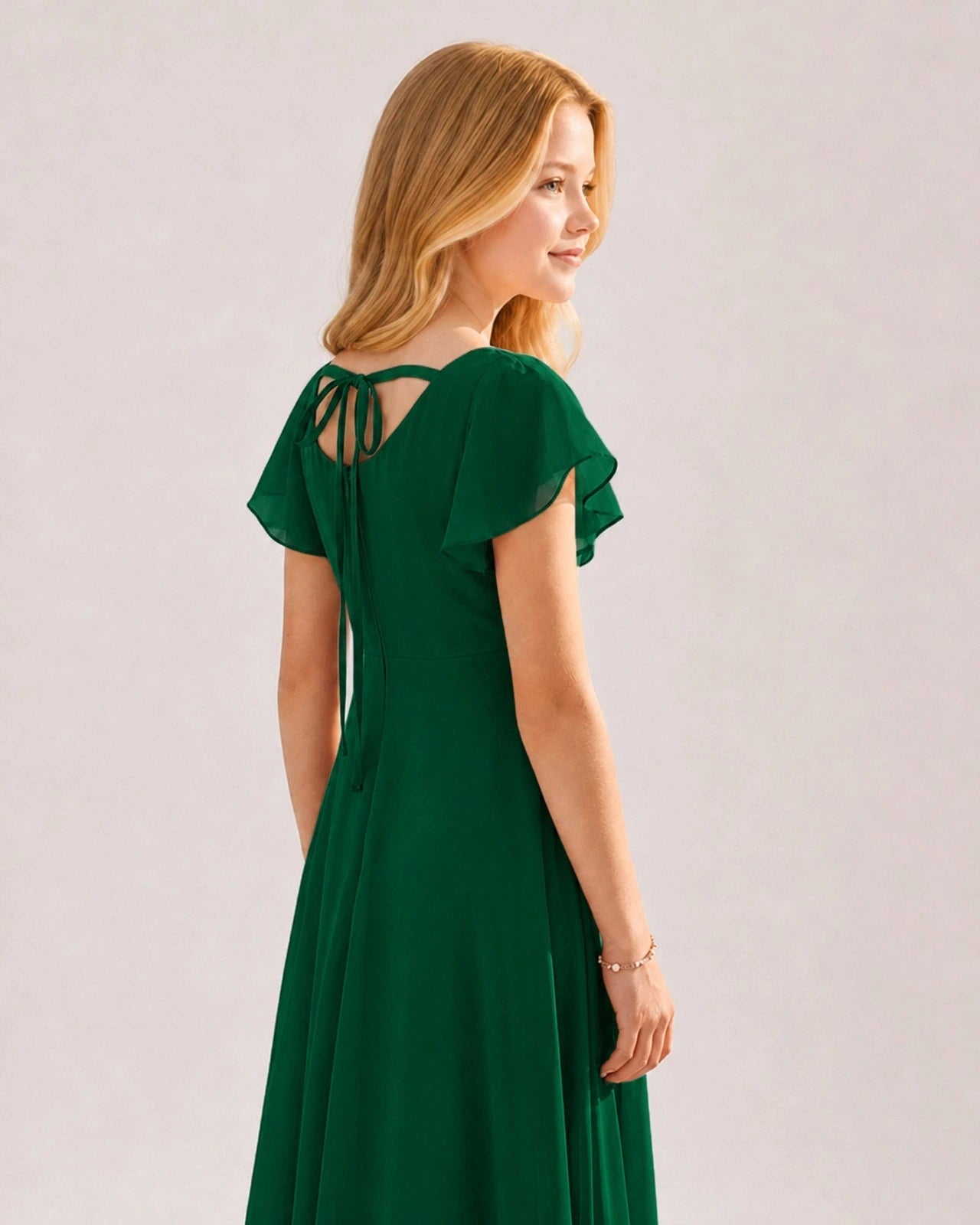Dideyttawl Chiffon Junior Bridesmaid Dress with Flutter Sleeves