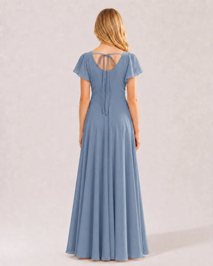 Dusty Blue Chiffon A-line Junior Bridesmaid Dress Back View