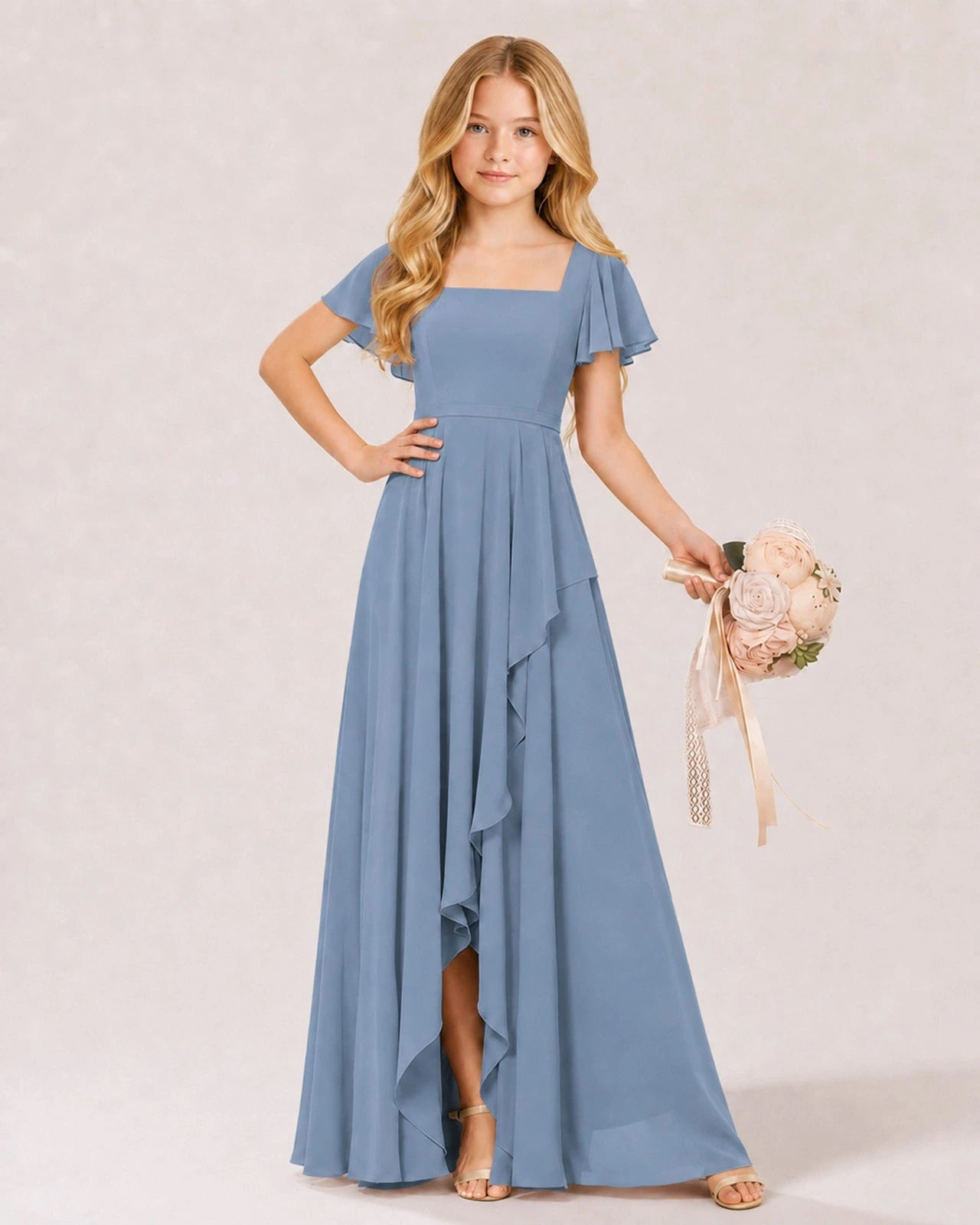 Dideyttawl Chiffon Junior Bridesmaid Dress with Flutter Sleeves