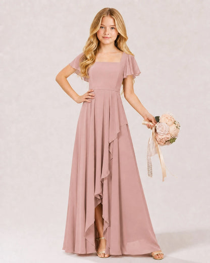 Dusty Rose Chiffon A-line Junior Bridesmaid Dress Front View