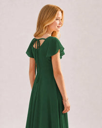 Dideyttawl Chiffon Junior Bridesmaid Dress with Flutter Sleeves