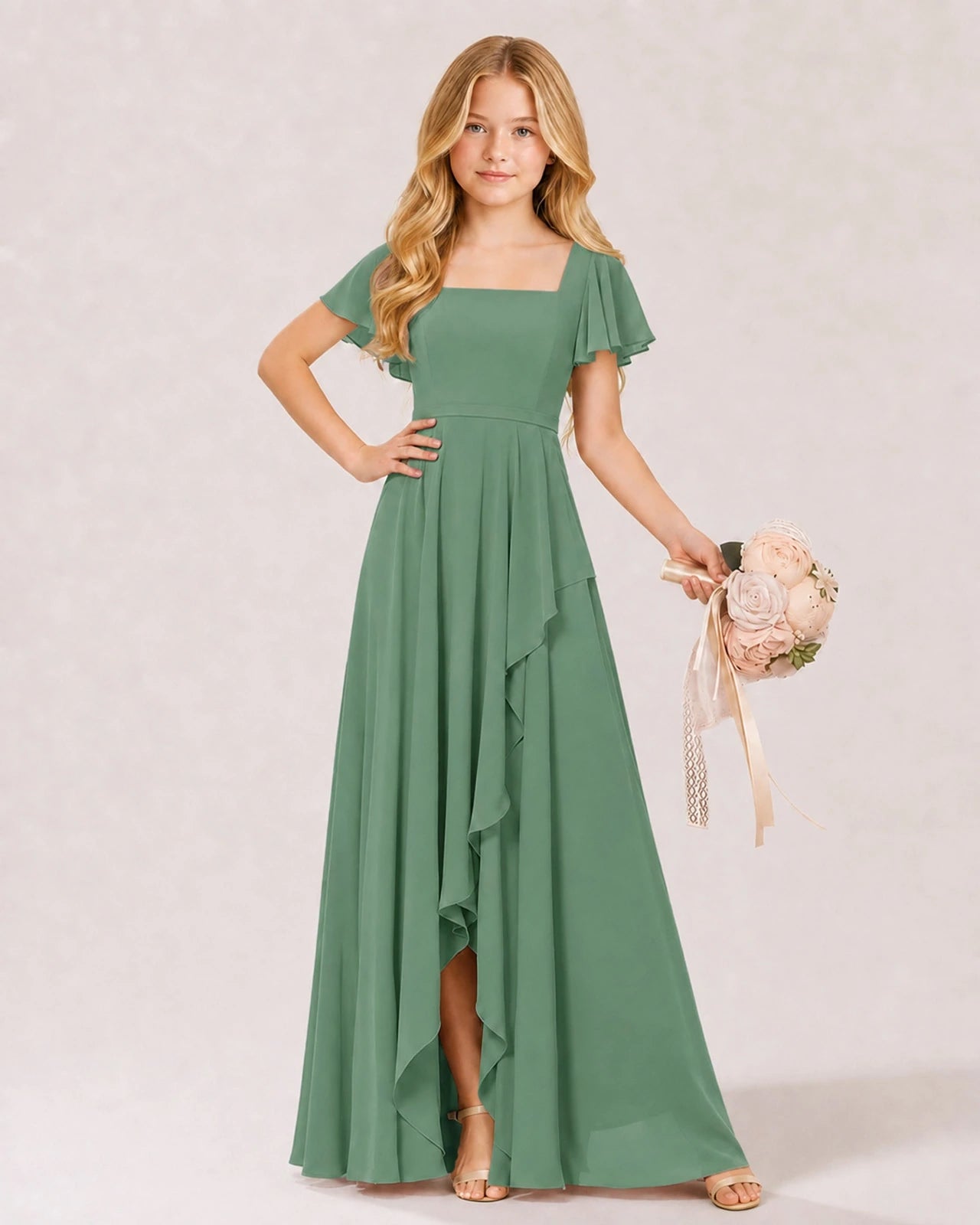 Dideyttawl Chiffon Junior Bridesmaid Dress with Flutter Sleeves