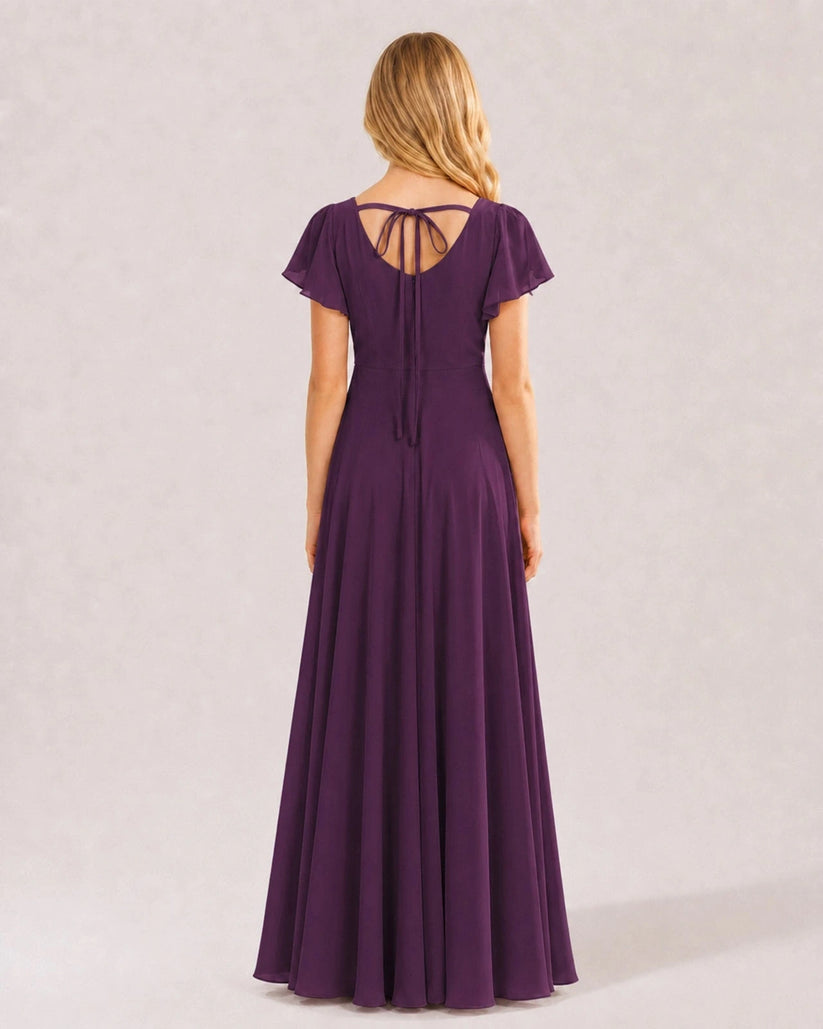 Grape Chiffon A-line Junior Bridesmaid Dress Back View