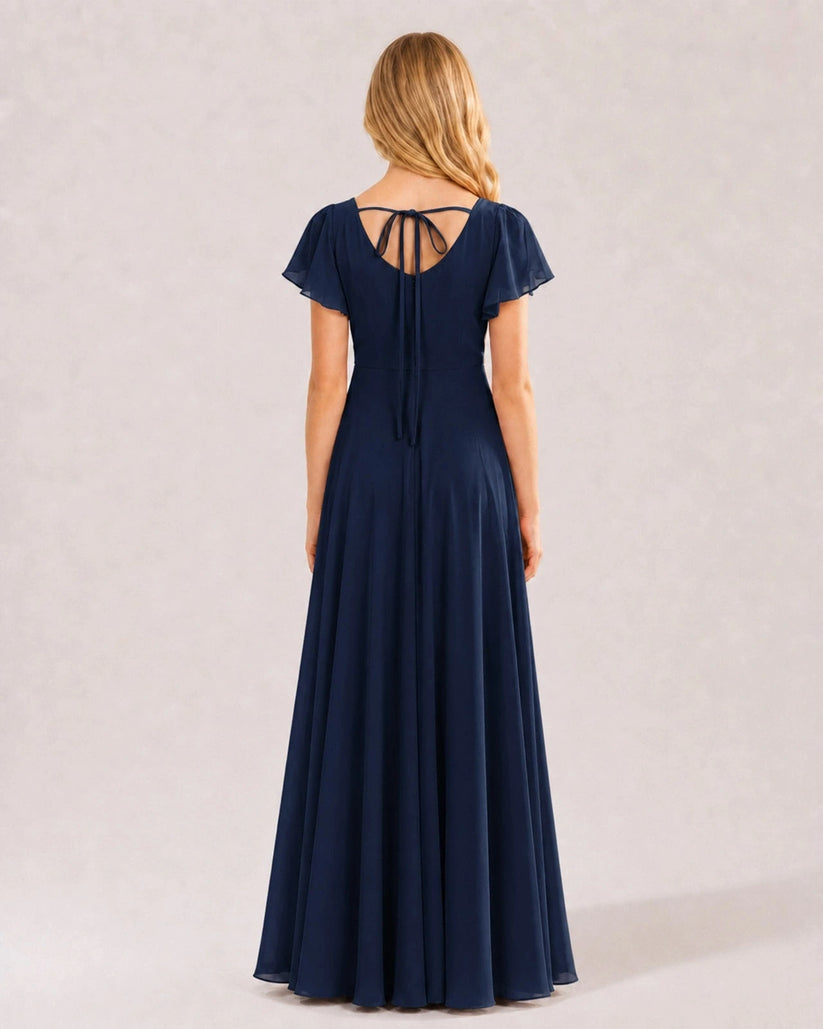 Navy Blue Chiffon A-line Junior Bridesmaid Dress Back View