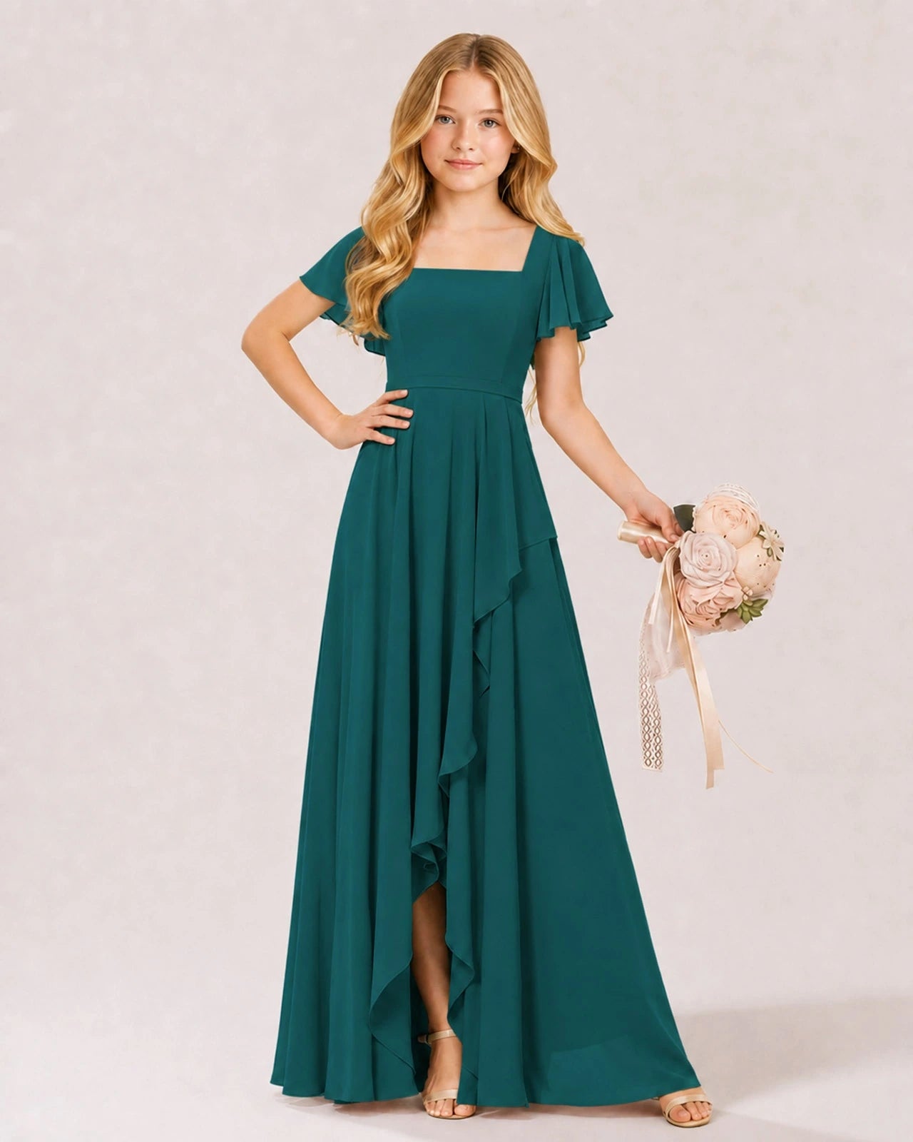 Dideyttawl Chiffon Junior Bridesmaid Dress with Flutter Sleeves Imagen principal del producto