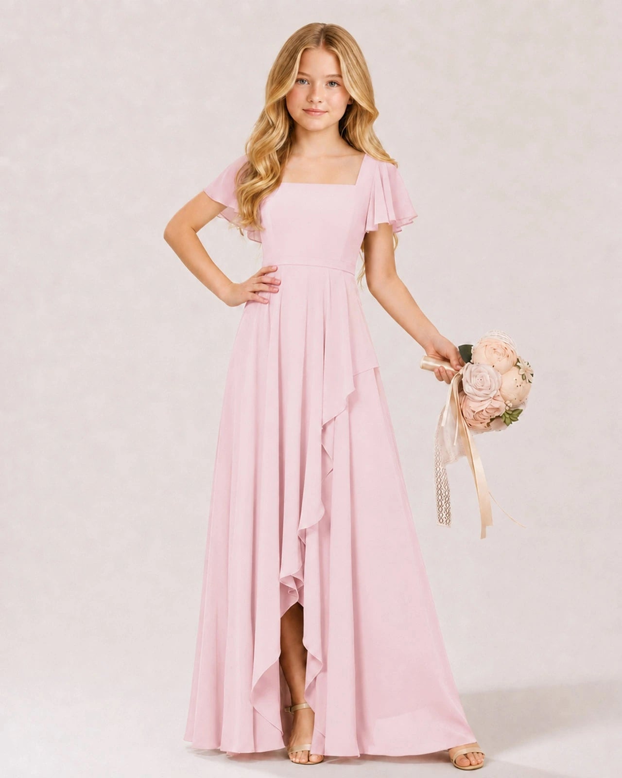 Dideyttawl Chiffon Junior Bridesmaid Dress with Flutter Sleeves