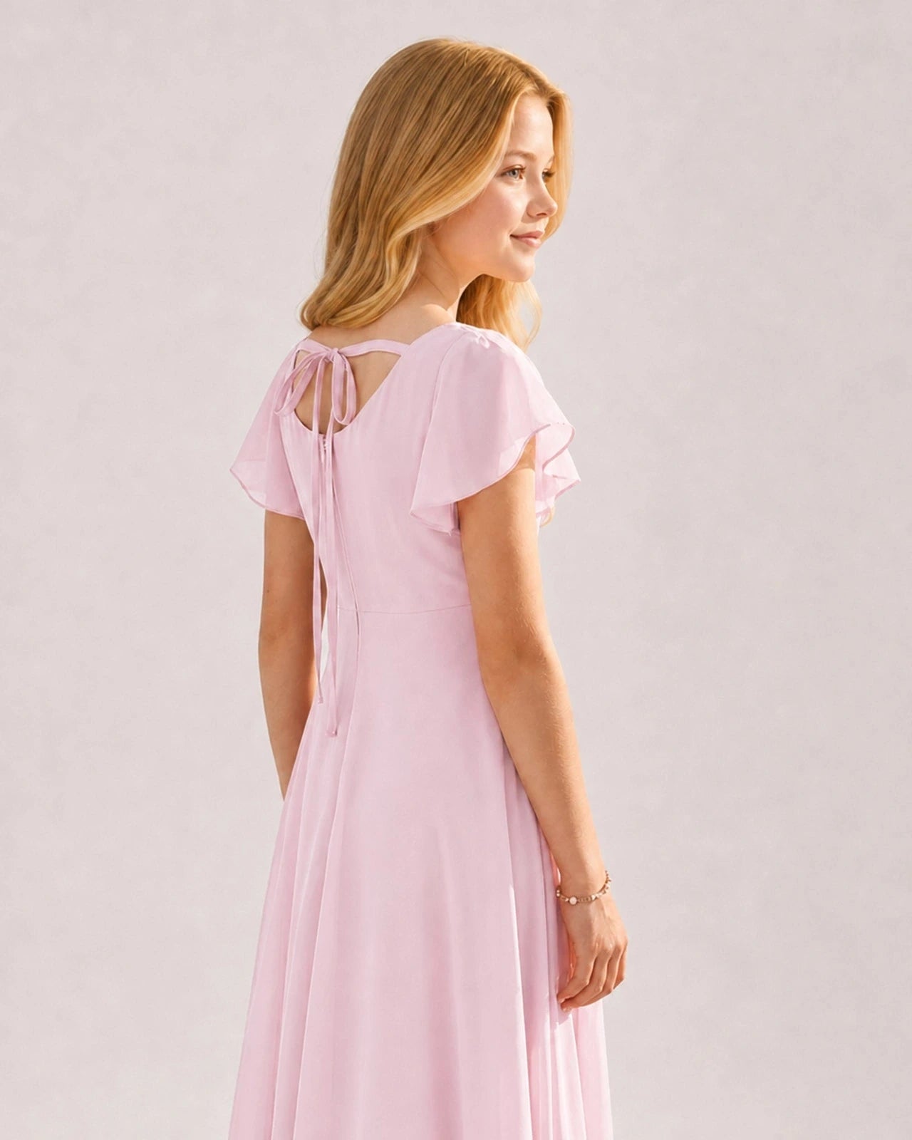 Dideyttawl Chiffon Junior Bridesmaid Dress with Flutter Sleeves