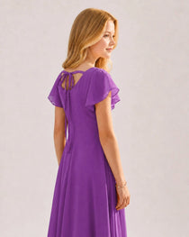 Dideyttawl Chiffon Junior Bridesmaid Dress with Flutter Sleeves