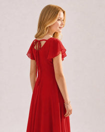 Dideyttawl Chiffon Junior Bridesmaid Dress with Flutter Sleeves