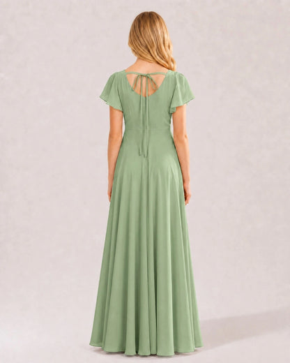 Sage Green Chiffon A-line Junior Bridesmaid Dress Back View