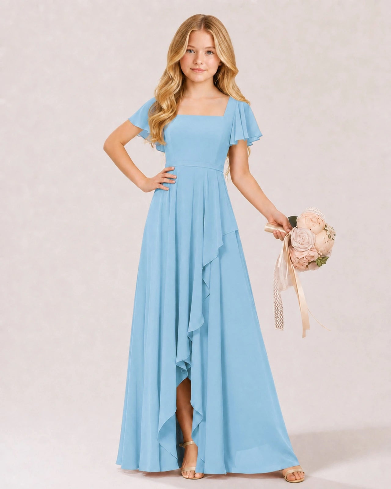 Sky Blue Chiffon A-line Junior Bridesmaid Dress Front View