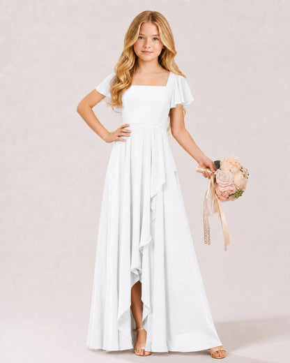 White Chiffon A-line Junior Bridesmaid Dress Front View