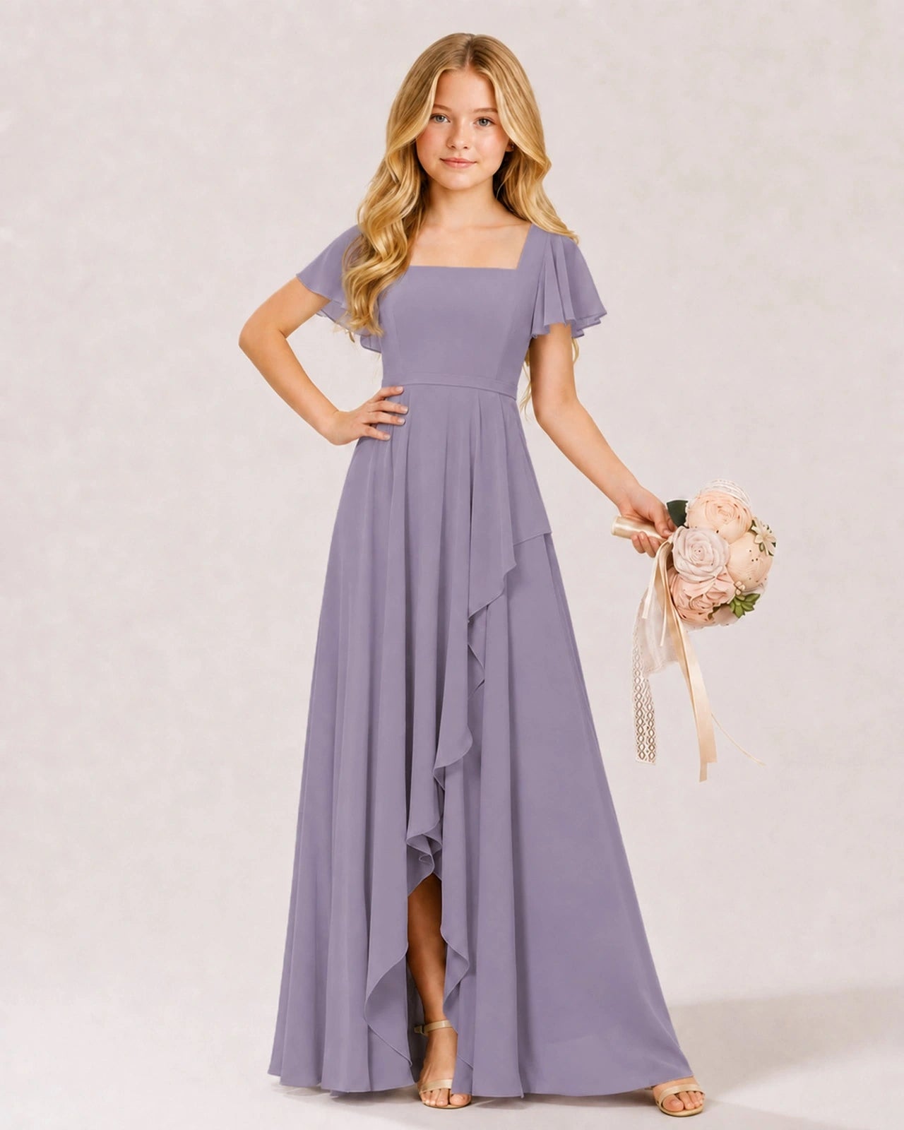 Dideyttawl Chiffon Junior Bridesmaid Dress with Flutter Sleeves