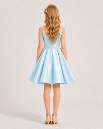 Dideyttawl Girls Formal Dress with Rhinestone Shoulder Drape and Beaded Waistband