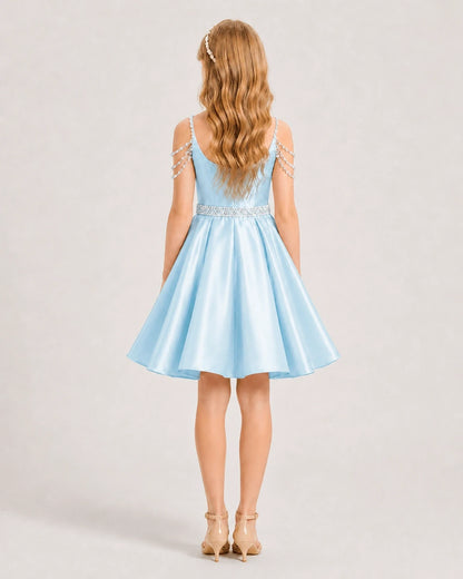 Baby Blue Satin A-line Girls Formal Dress Back View