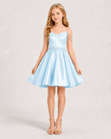 Baby Blue Satin A-line Girls Formal Dress Front View