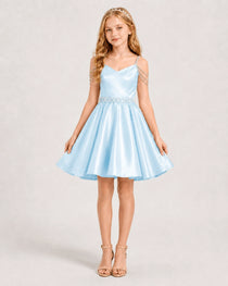Dideyttawl Girls Formal Dress with Rhinestone Shoulder Drape and Beaded Waistband